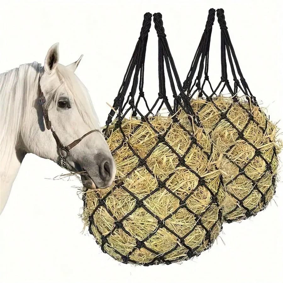 1 pezzo Rete per fieno, borsa portafieno appesa, realizzata in materiale durevole in poliestere (PET), per stalle cavalli, giocattoli, forniture per