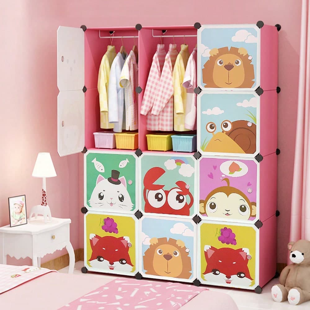 Guardaroba fai da te con 12 cubi per la cameretta dei bambini, motivo animali dei cartoni animati, mobili portaoggetti in plastica PP con 2 aste per
