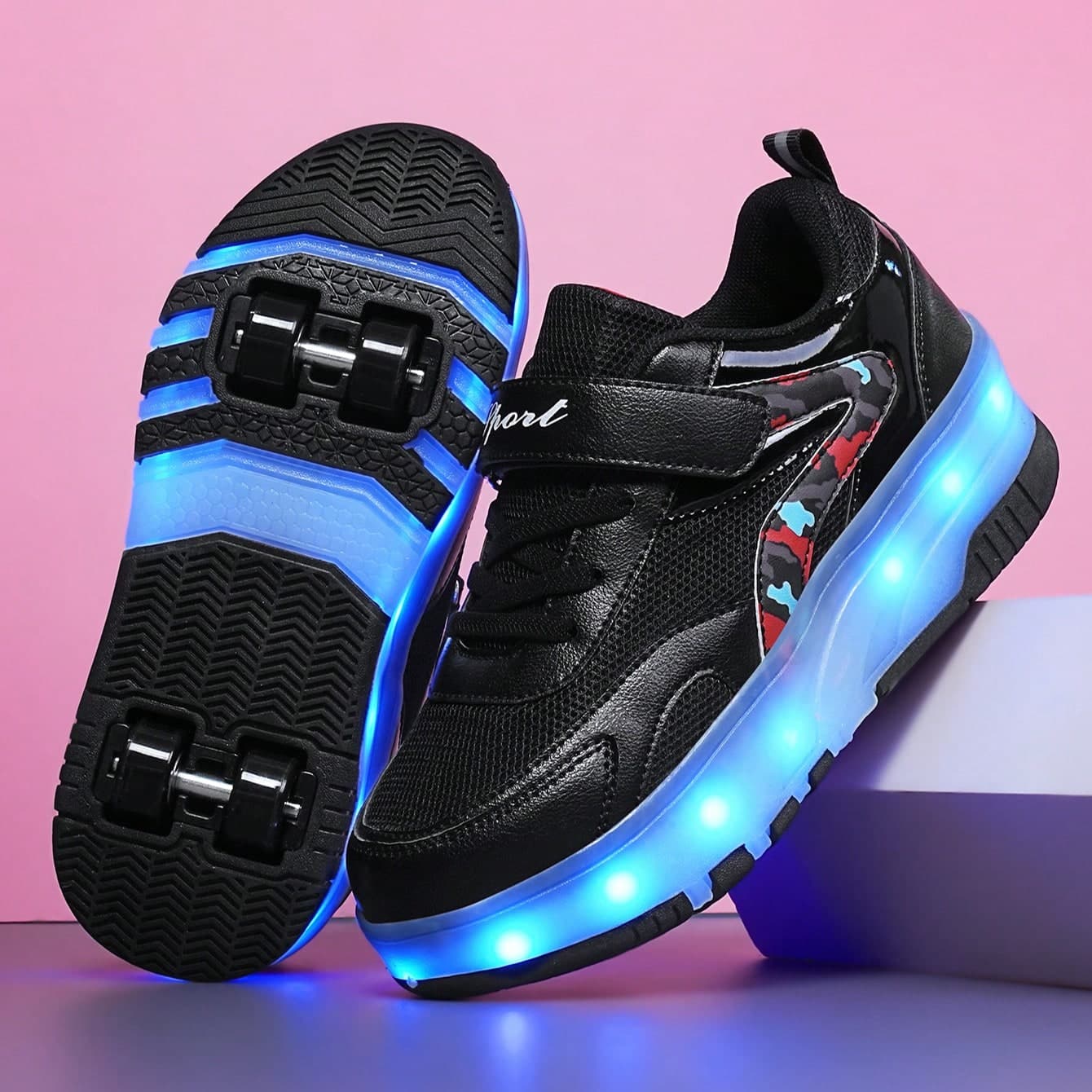Nuovi pattini a rotelle per bambini con 4 ruote retrattili e luci LED, ruote nascoste ricaricabili, cinturino in pelle colorblock con chiusura a
