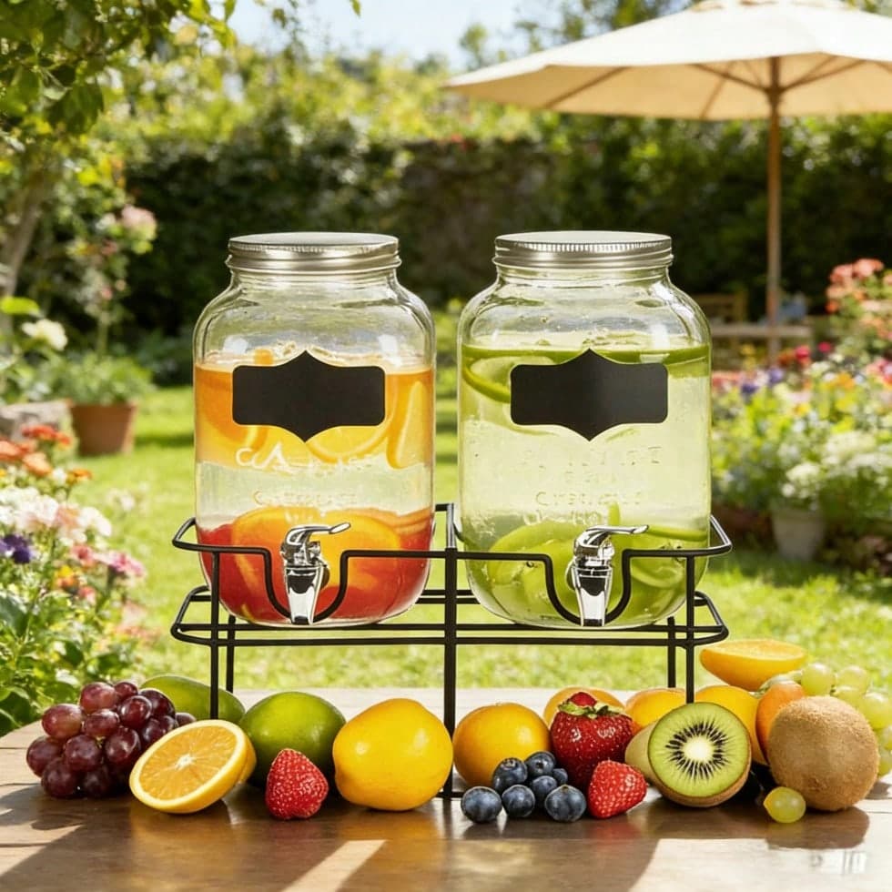 2 distributori di bevande in vetro da 4 litri, distributori di acqua e succhi in vetro con supporto in metallo, brocca d'acqua con rubinetto, perfetti