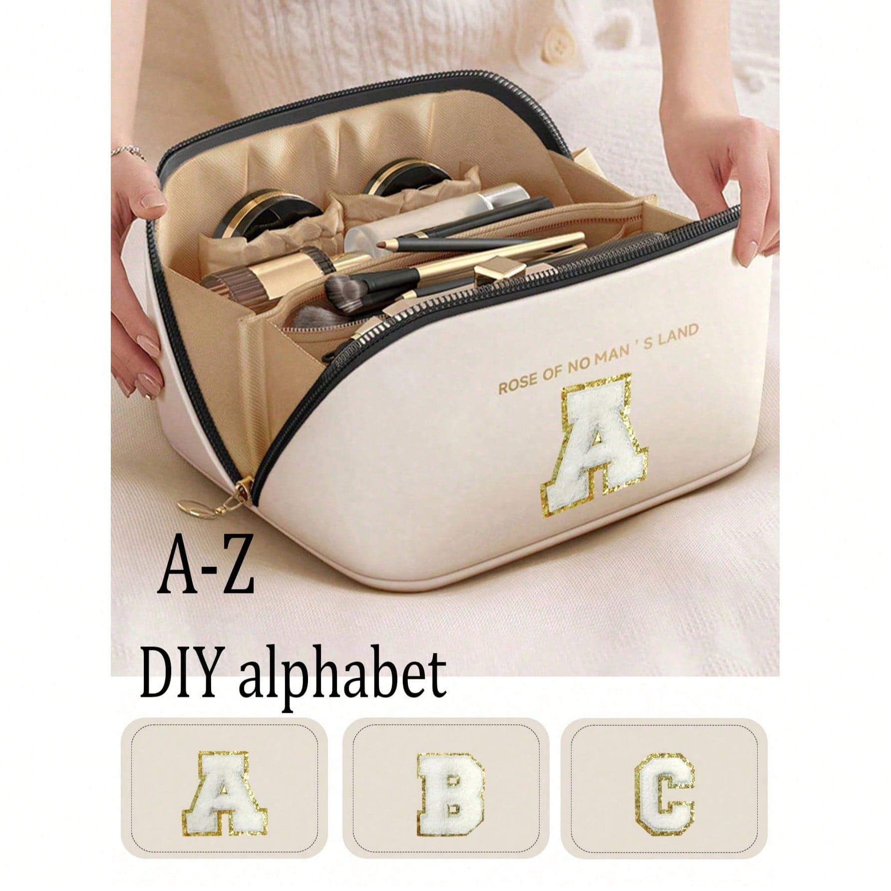 Borsa da viaggio per trucchi in pelle PU, borsa cosmetica impermeabile con scritta, borsa per trucchi di grande capacità a più strati, custodia con
