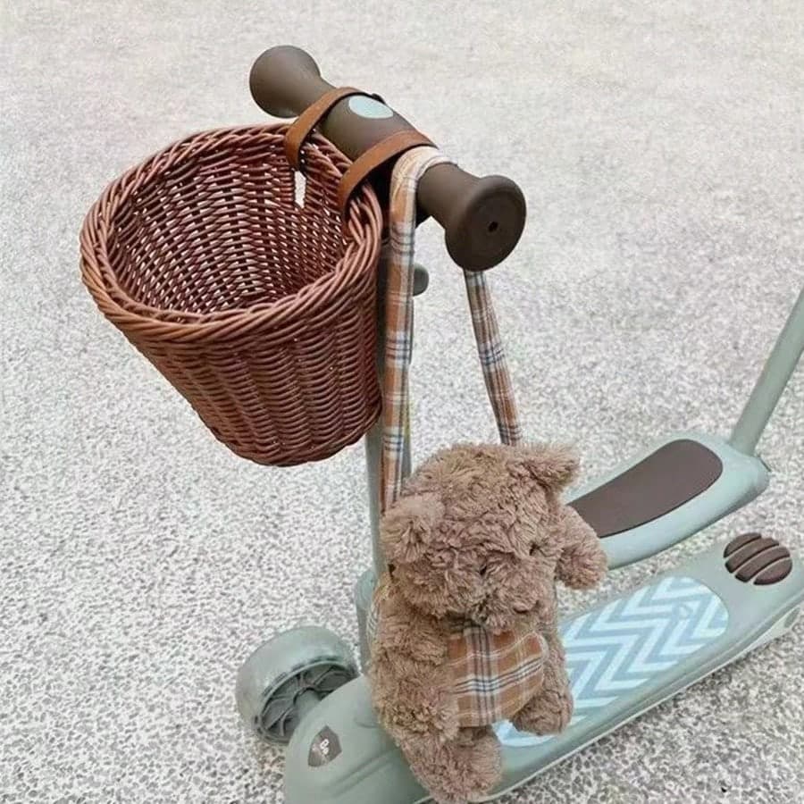 1 pezzo Cestino per bicicletta in plastica impermeabile e rimovibile, intrecciato, in finto rattan, adatto per passeggini, biciclette senza pedali,