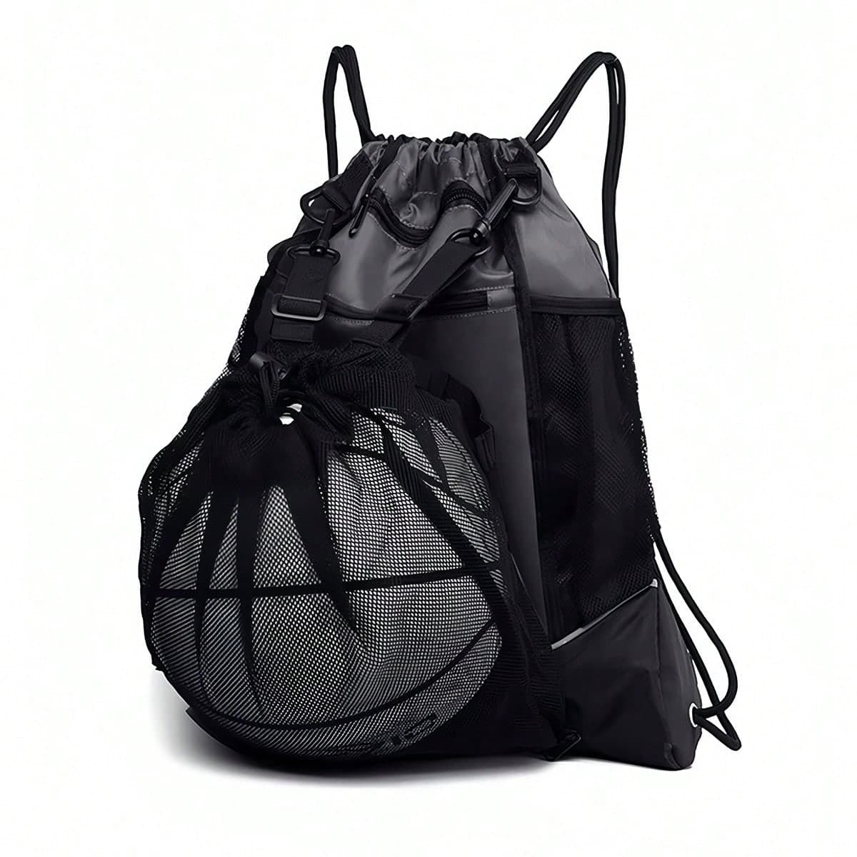 Zaino sportivo multifunzionale con rete e coulisse, con borsa indipendente in rete per pallone, borsa portatile per pallone da basket con tasca con