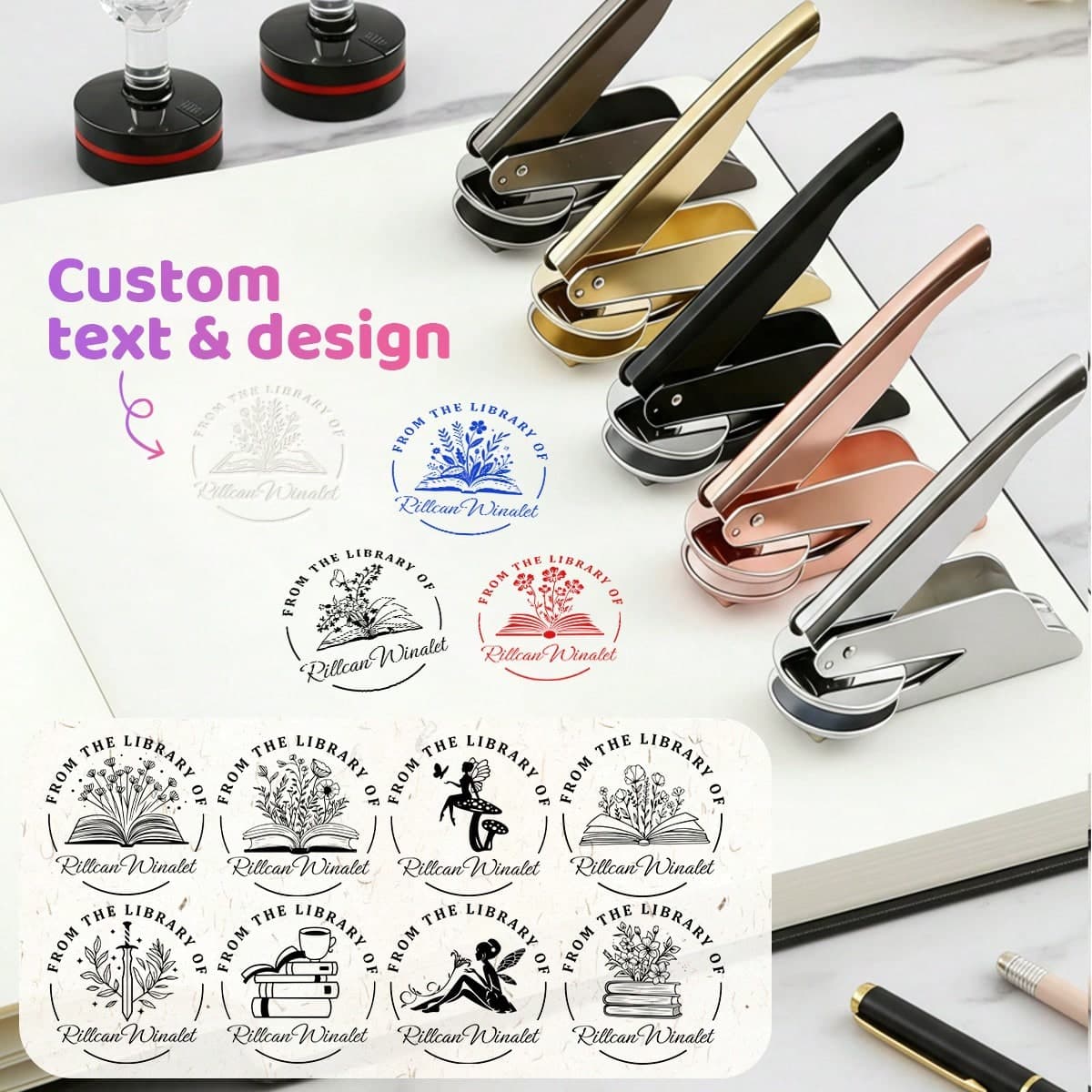 Timbro personalizzato con goffratura, elegante stile retrò con libro e motivi floreali, timbro a morsetto personalizzato, due tipi di timbri, timbro