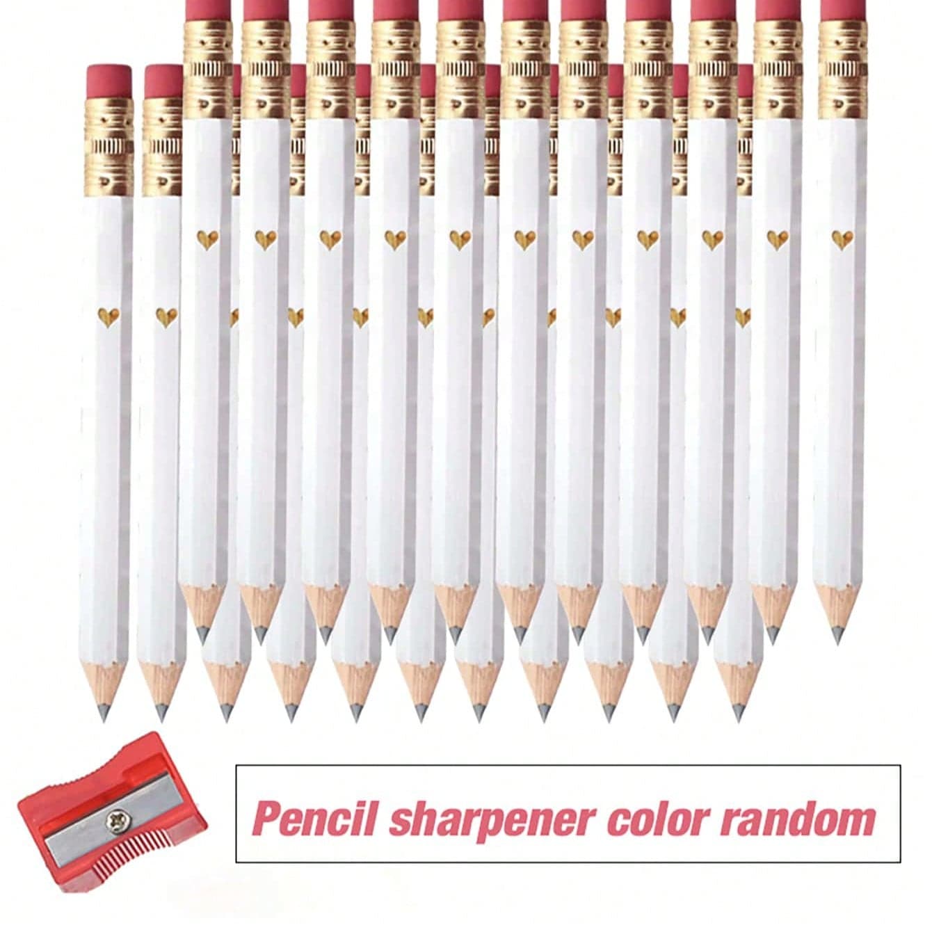 5/15/30 pezzi Mini matite dorate a forma di cuore con gomme da cancellare + 1 pezzo Matita da golf mini esagonale da 4 pollici/10 cm + 1 pezzo
