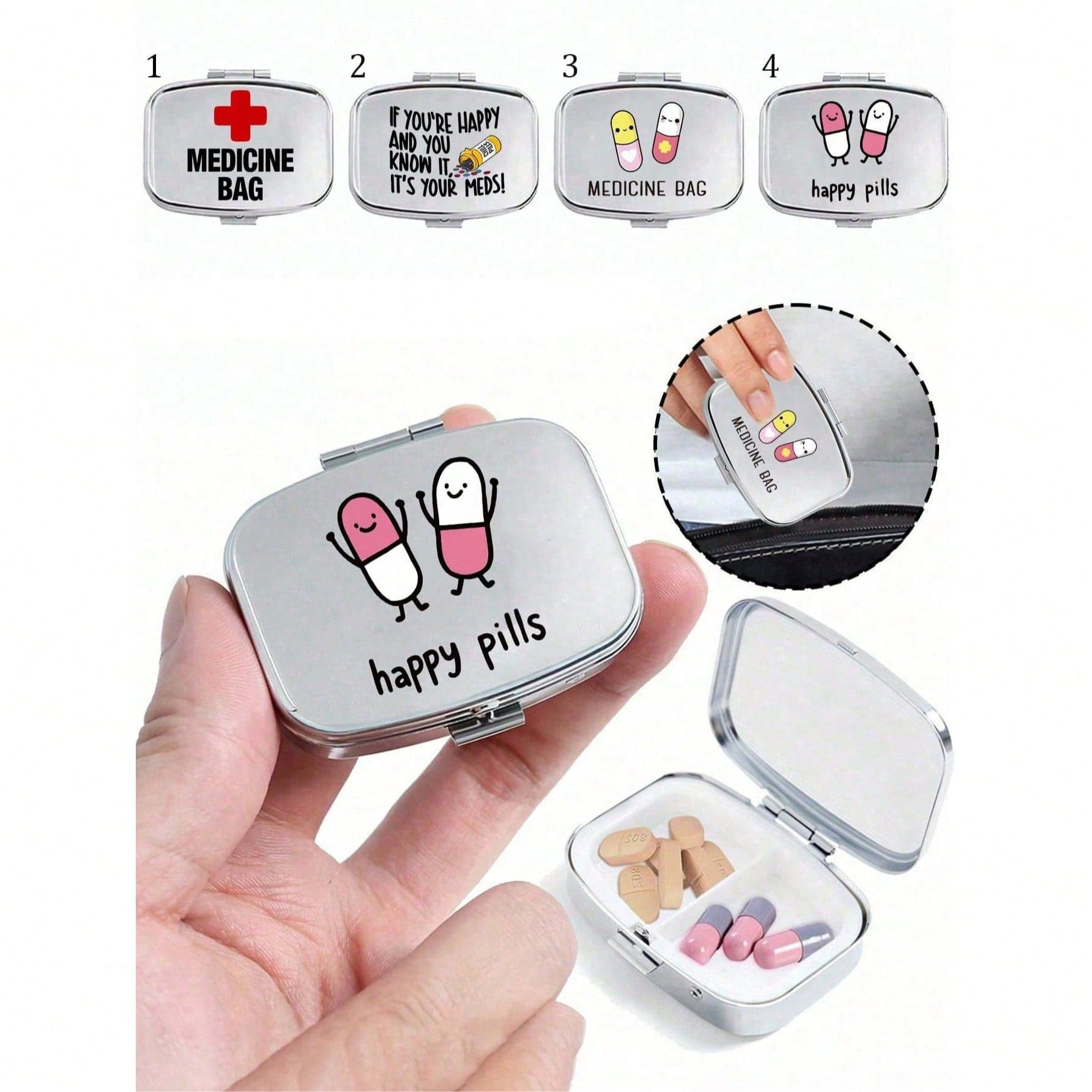 Scatola per pillole quadrata con motivi a capsule, compresse, lettere e bottiglie, scomparto portatile per conservare i medicinali, mini scatola di