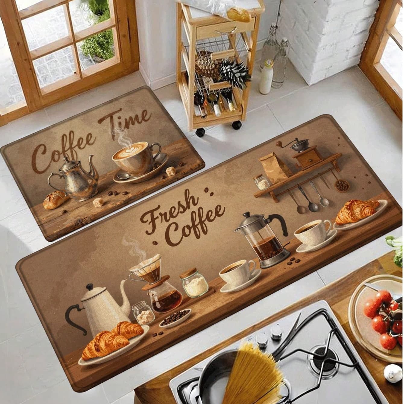 1 pezzo Tappeto da cucina vintage a tema caffè, stampa dipinta a mano di utensili da caffè e croissant, resistente all'olio e assorbente, tappetino