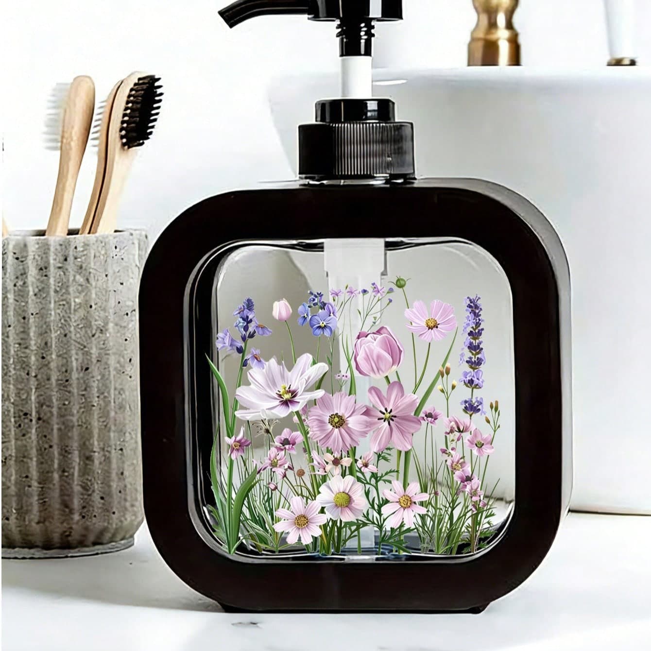 Dispenser per sapone da bagno creativo per la casa, flacone dispenser con pompa per sapone idratante con design floreale vintage | Stile romantico e