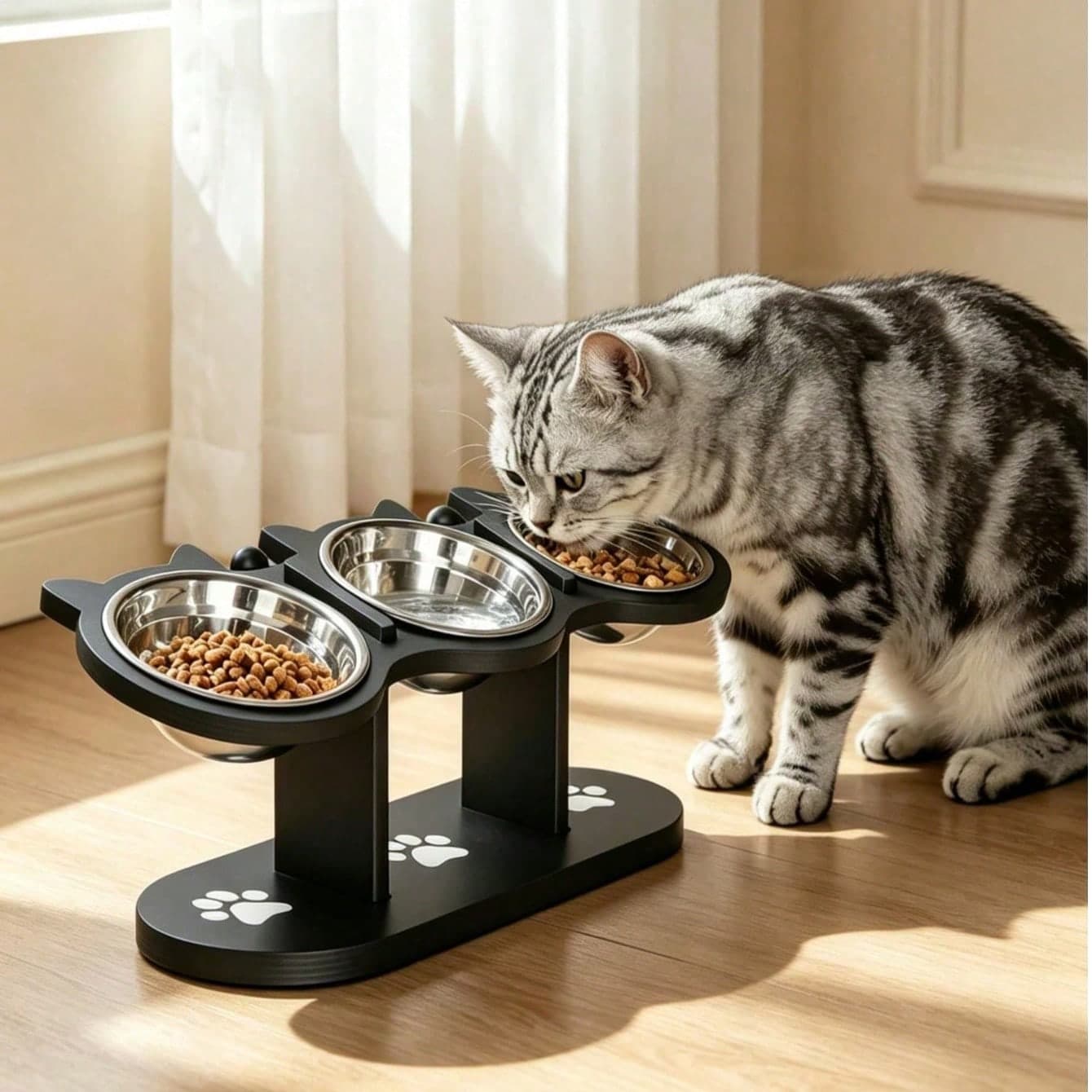 Ciotola per gatti e cani in legno regolabile con inclinazione di 15°, include 3 ciotole in acciaio inossidabile, design anti-vomito che riduce