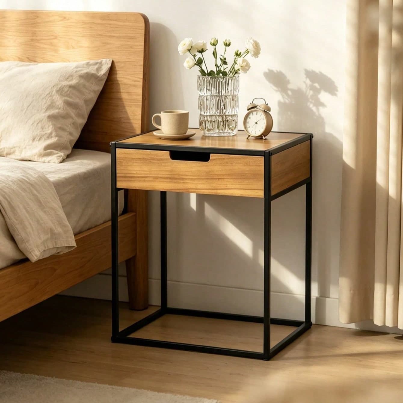 2 Stili Comodino con Cassetto di Stoccaggio Tavolino da Letto Rotondo Nordico & Tavolino Laterale con Telaio in Metallo Industriale Aspetto Legno