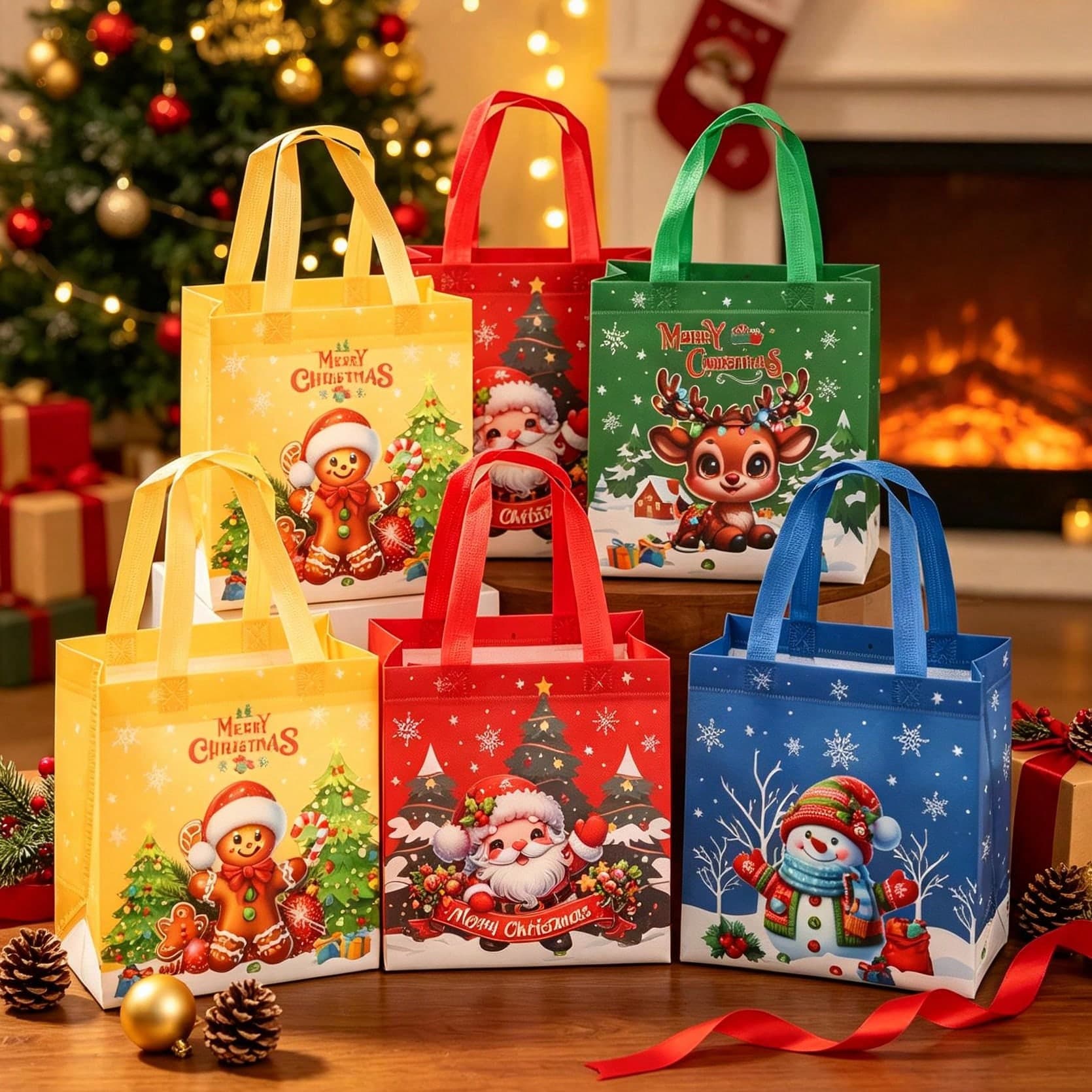 4/12/16 pezzi Sacchetti regalo di Natale, Sacchetti regalo con motivi di gnomo natalizio, omino di pan di zenzero, renna, pupazzo di neve, Sacchetti