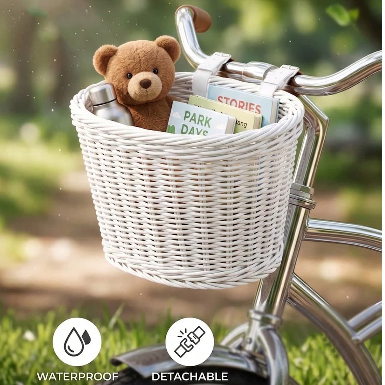 1 pezzo Cestino per bicicletta in plastica impermeabile e rimovibile, cestino per bicicletta per bambini in finta treccia, adatto per passeggini,