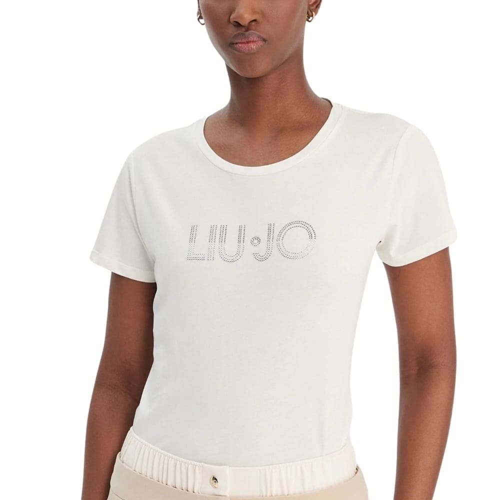 Liu Jo t-shirt da donna in jersey di cotone con logo monogram con micro strass a sinistra bianca