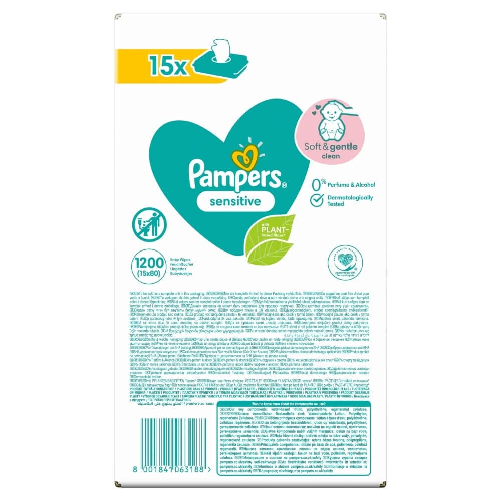 Pampers Sensitive, salviette umidificate, 15 x 80 pz