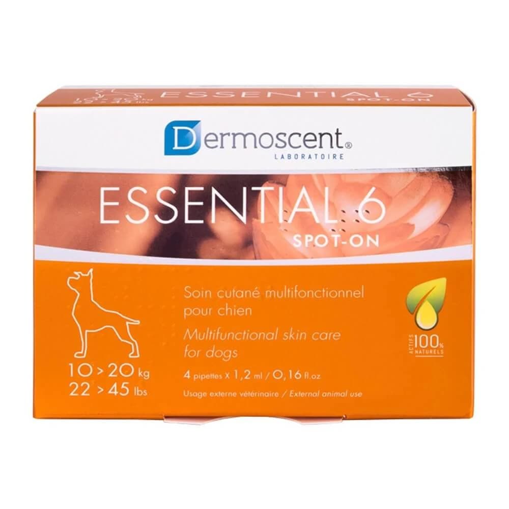 Prodotto multifunzionale per la cura della pelle dei cani di 10-20 kg, adatto a tutti i tipi di pelle e di pelo Essential 6 Spot On, 4 x 1,2 ml,