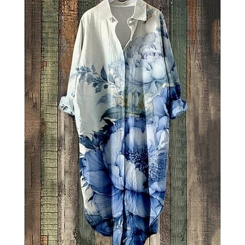 Per donna Abito Midi Abito Boho Abito Camicia Vestito Casual Moda Moderno Quotidiano Spiaggia Weekend Vestibilità regolare Fiore Manica Lunga