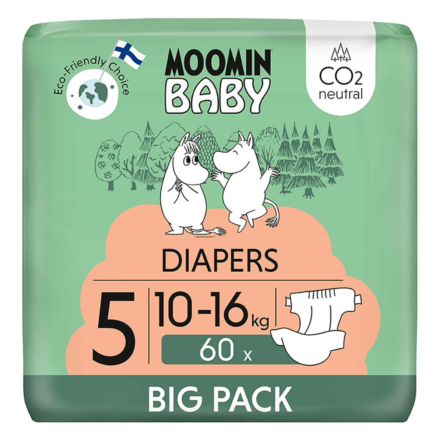 Moomin Baby 5 Maxi 10-16 Kg Eco Pannolini, 60 pezzi.