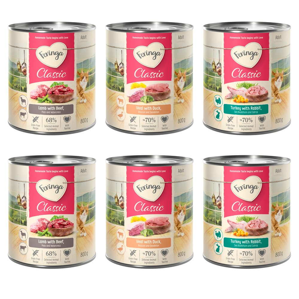 Feringa Classic Meat Menù 24 x 800 g - Mix 3: Coniglio e Tacchino, Agnello e Manzo, Anatra e Vitello