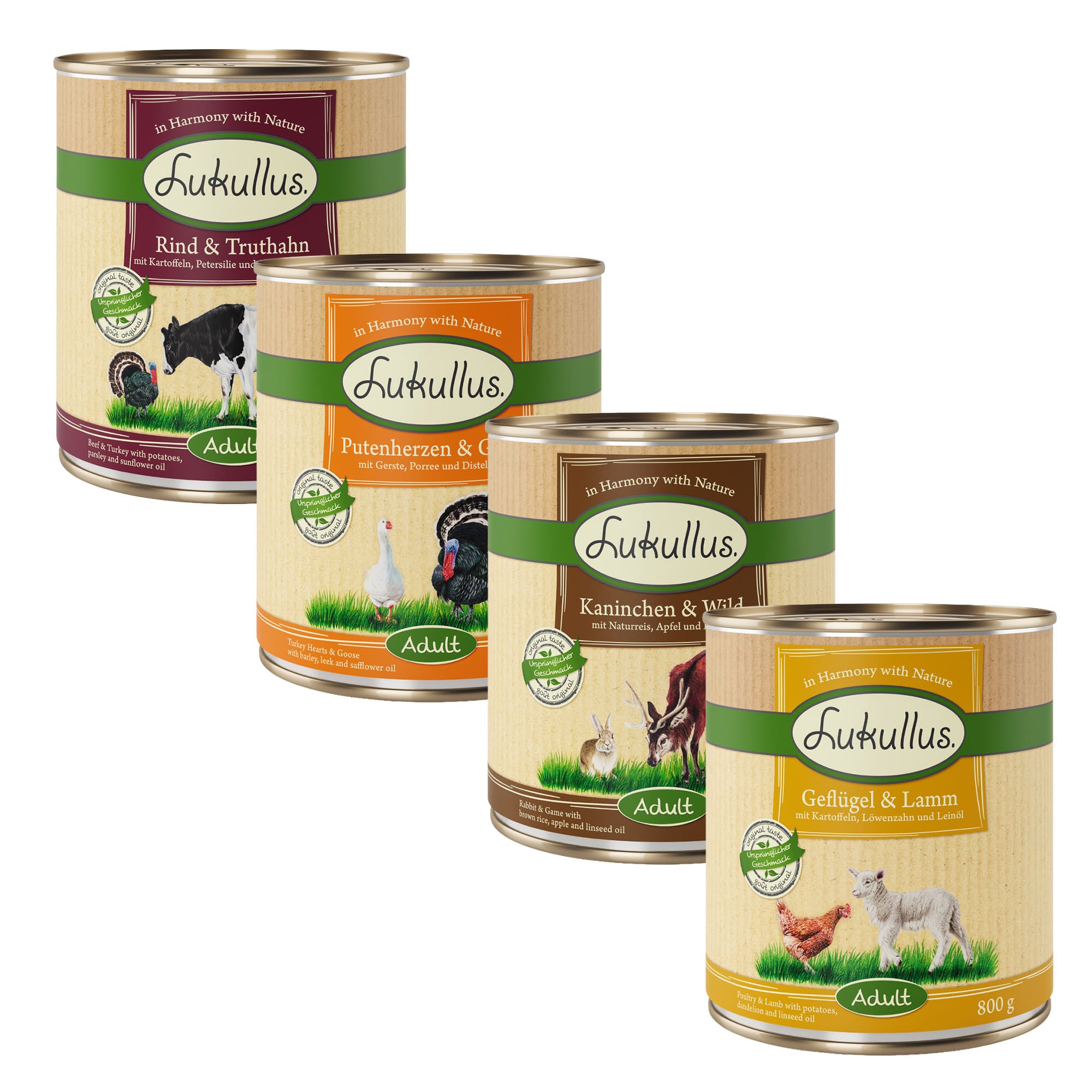 Lukullus 24 x 800 g - Mix 3 (4 gusti): Coniglio, Cuori Tacchino, Manzo, Pollame