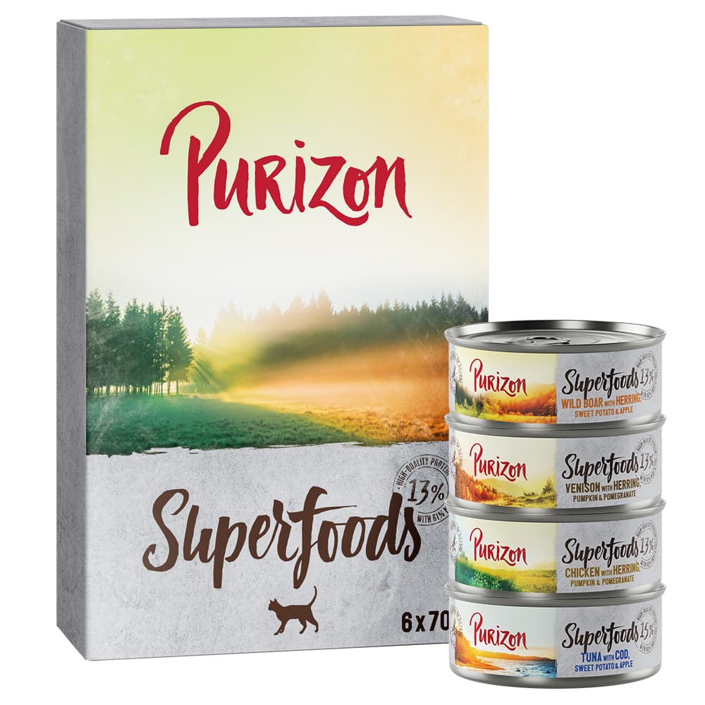 Purizon Superfoods 6 x 70 g - Mix: 2x Pollo, 2x Tonno, 1x Cinghiale, 1x Selvaggina