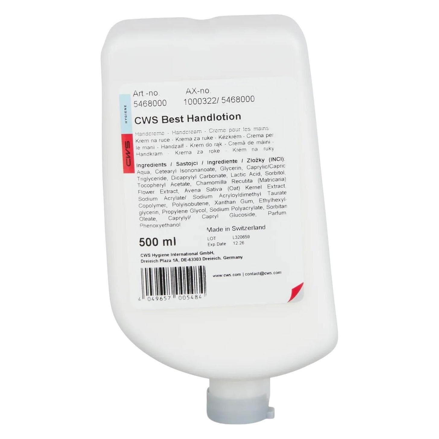 CWS, Crema mani, Crema idratante per le mani, conf. da 12 flaconi da 0,5 l, bianco. (500 ml)