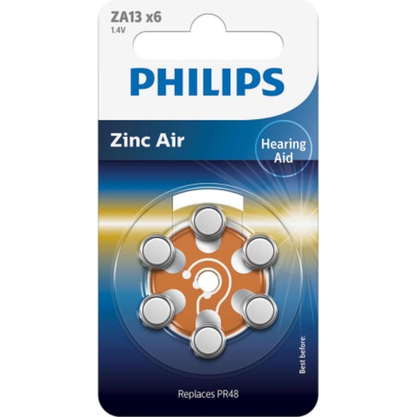Philips Batteria per apparecchi acustici ZA13 6 pezzi (6 pz., PR48, 280 mAh), Batterie + pile