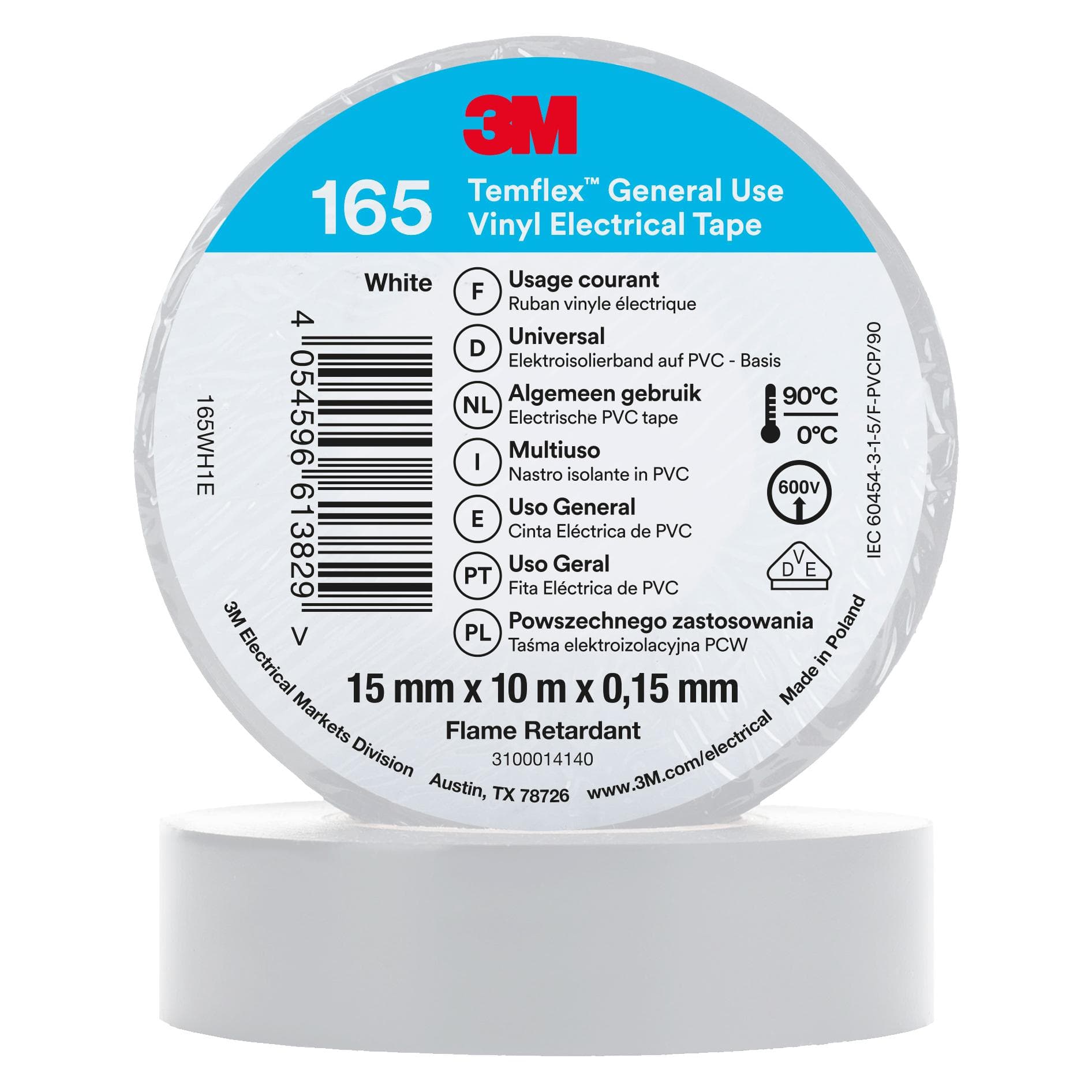 3M, Nastro adesivo, Nastro isolante in vinile Temflex 165, 15 mm x 10 m (15 mm)