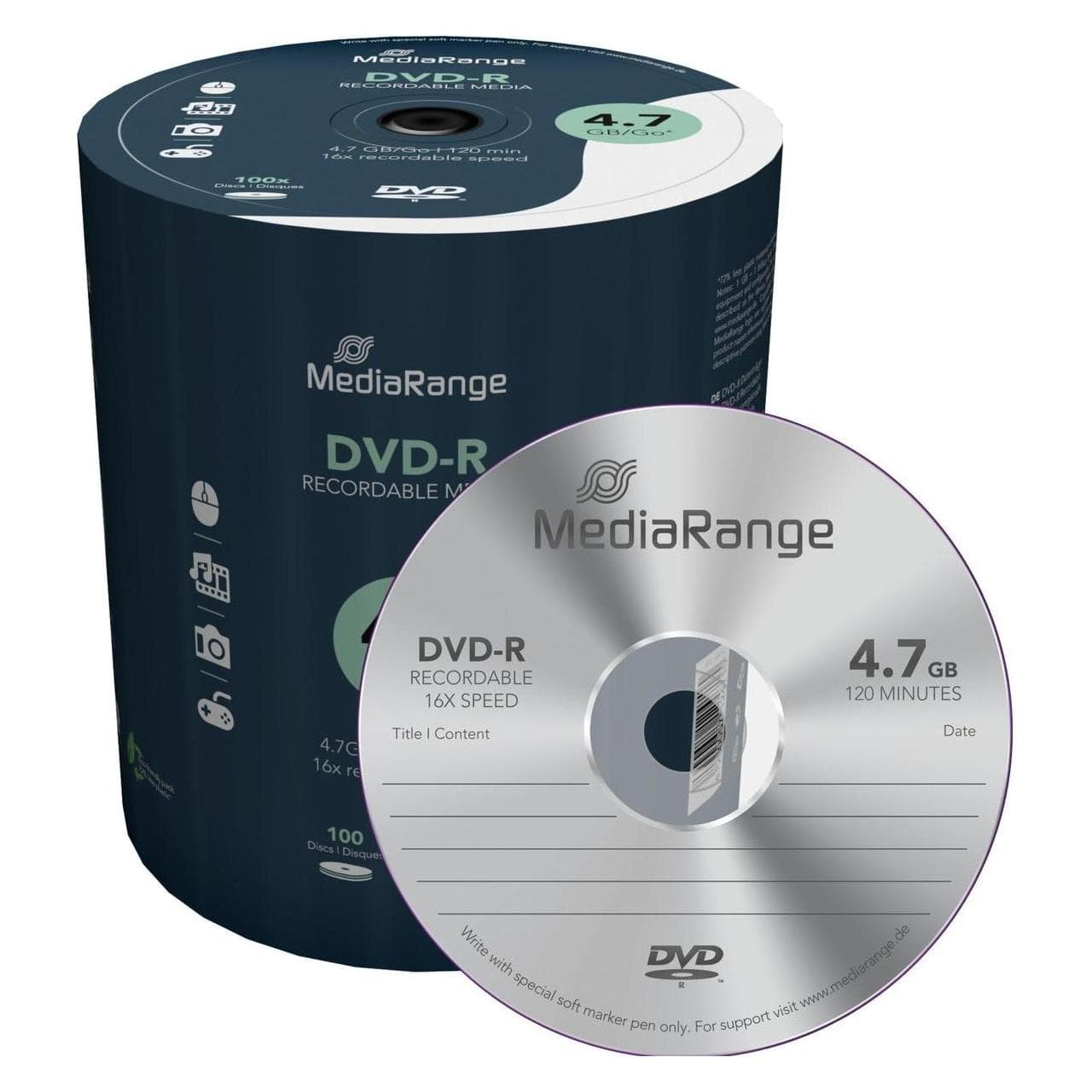 MediaRange DVD-R 4,7GB, 100 fusi (100x), Disco ottico