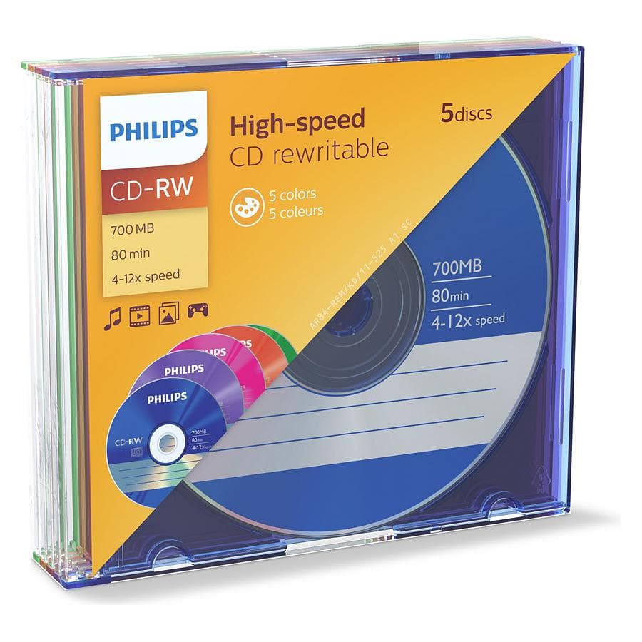 Philips 1x5 CD-RW 80Min 700MB 4-12x SL a colori (5x), Disco ottico