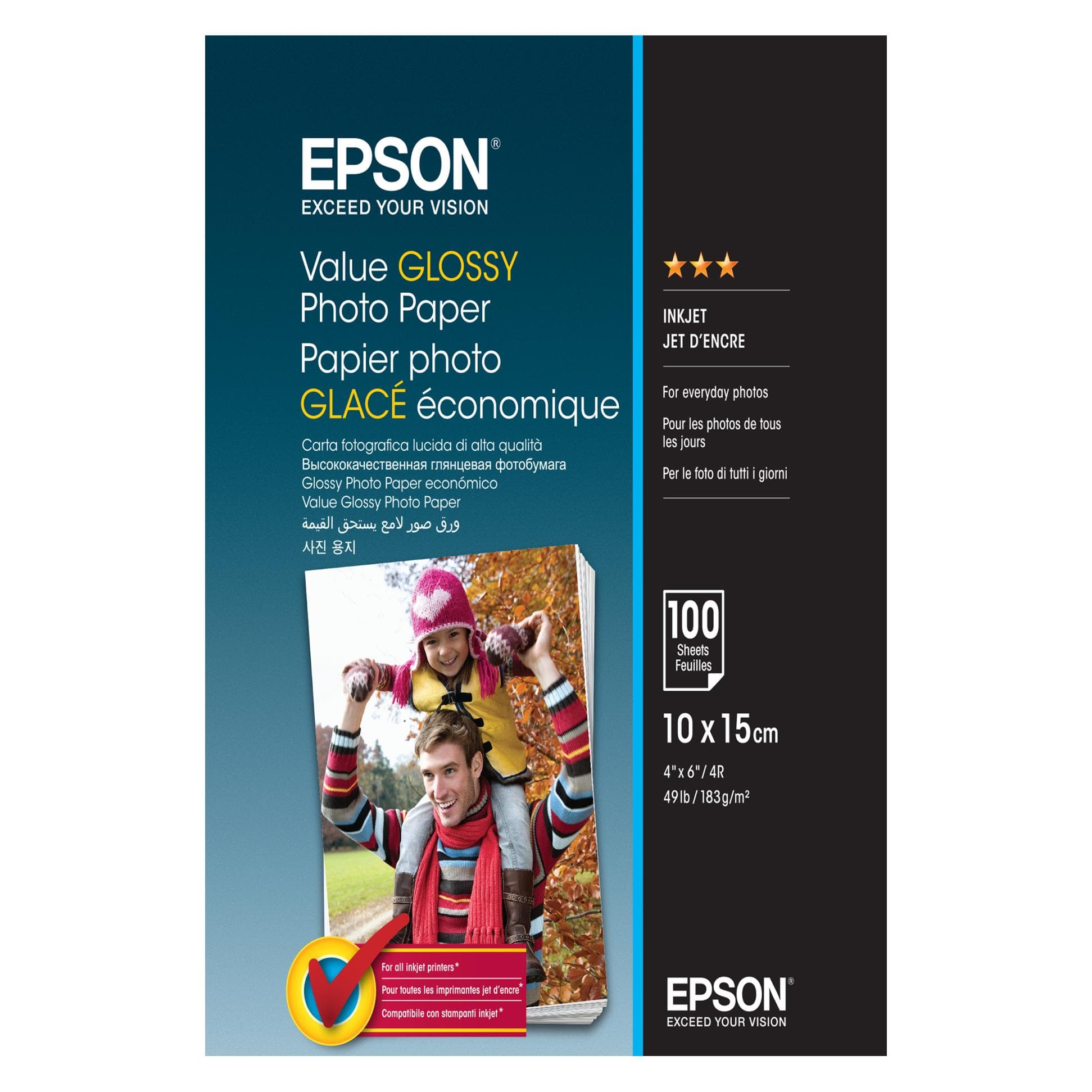 Epson Valore Lucido (183 g/m², 10 x 15 cm, 100 pz.), Carta fotografica, Bianco