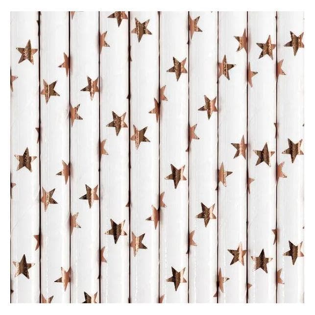 Partydeco Cannucce di carta Stelle oro rosa (10 pezzi), Cannucce, Rosa, Oro