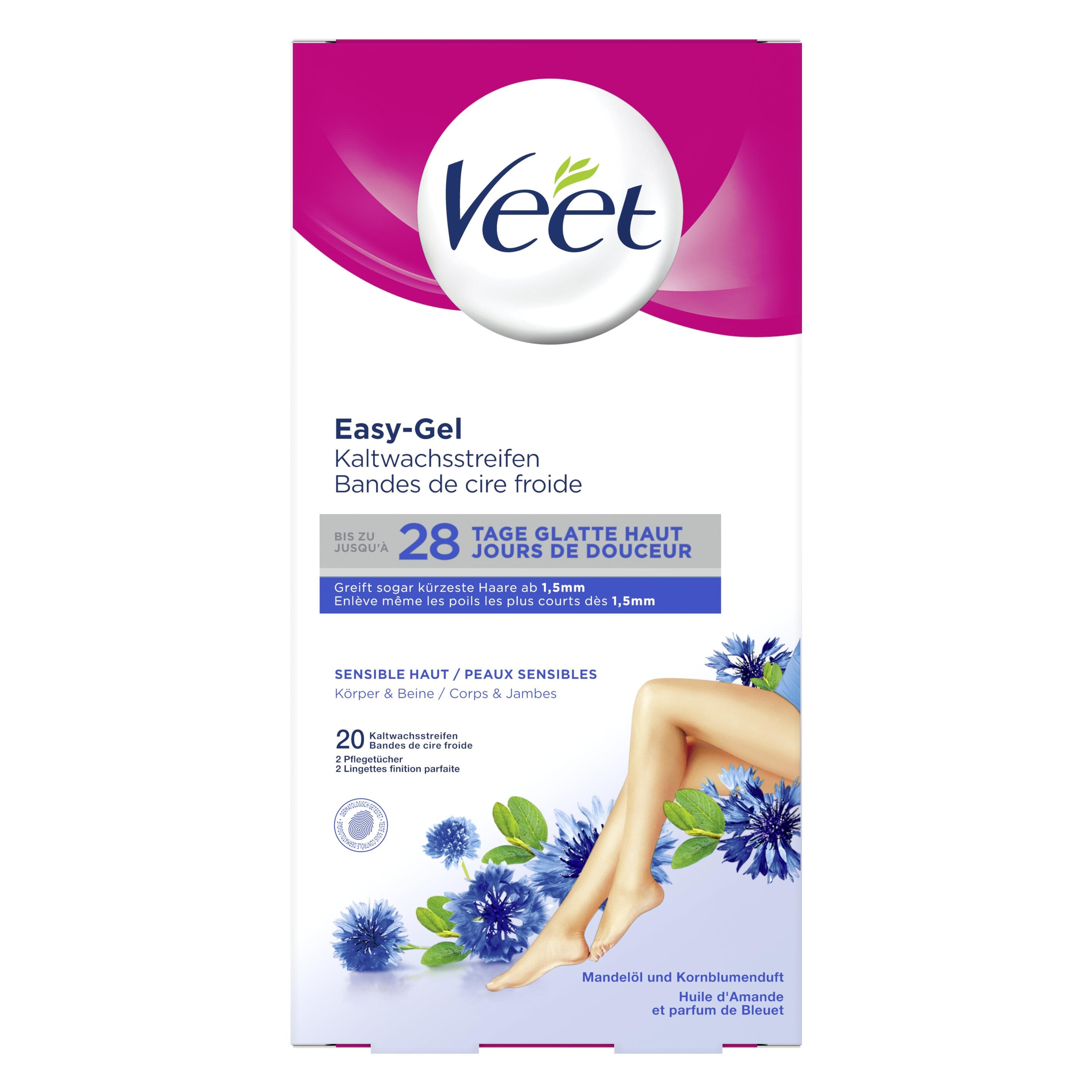 Veet, Crema + Cera depilatoria, La cera a freddo elimina la pelle sensibile Pura per gambe e corpo (20x, 63 g)