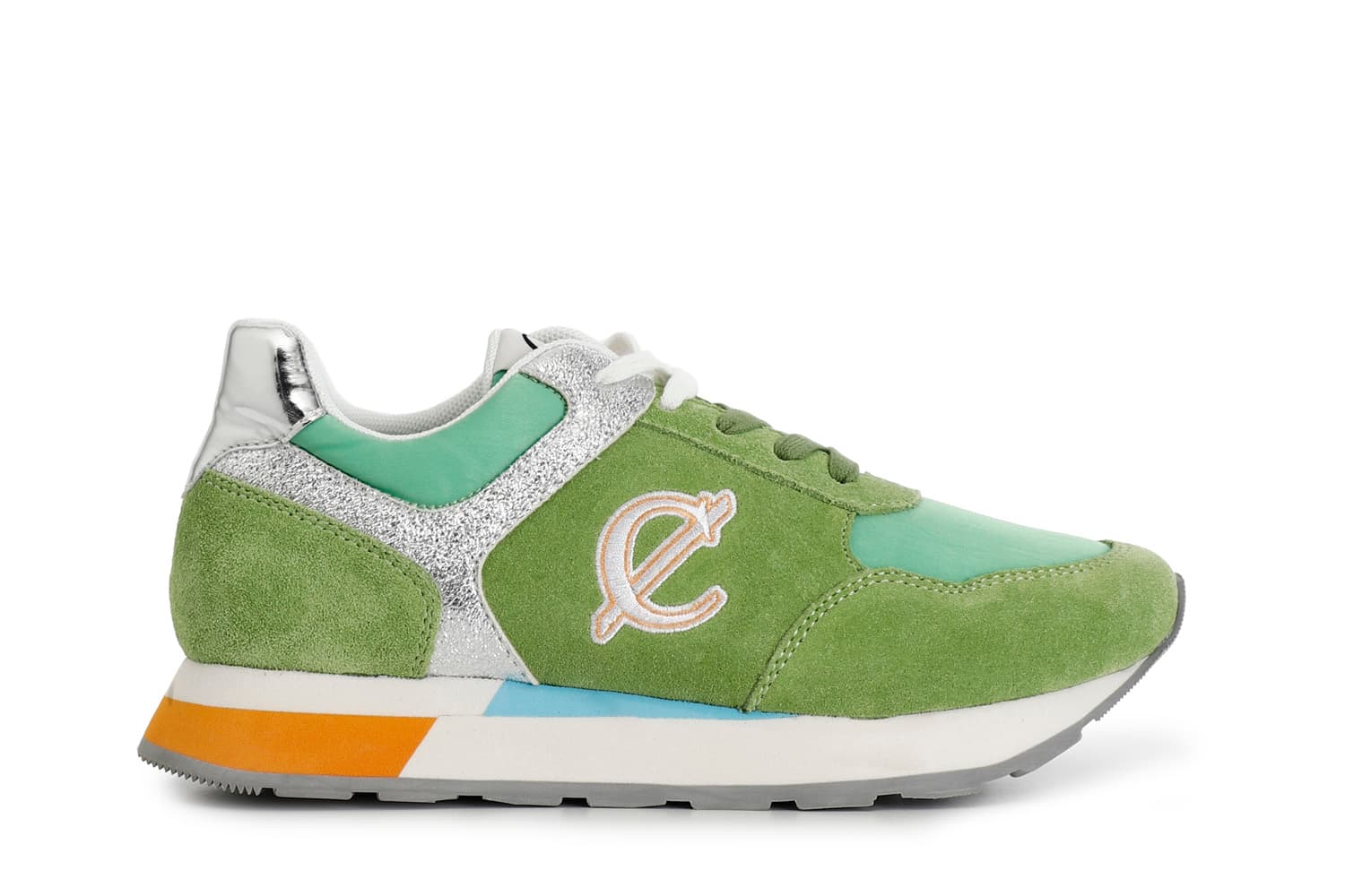 sneakers in pelle scamosciata e tessuto con riporti glitter verde 36