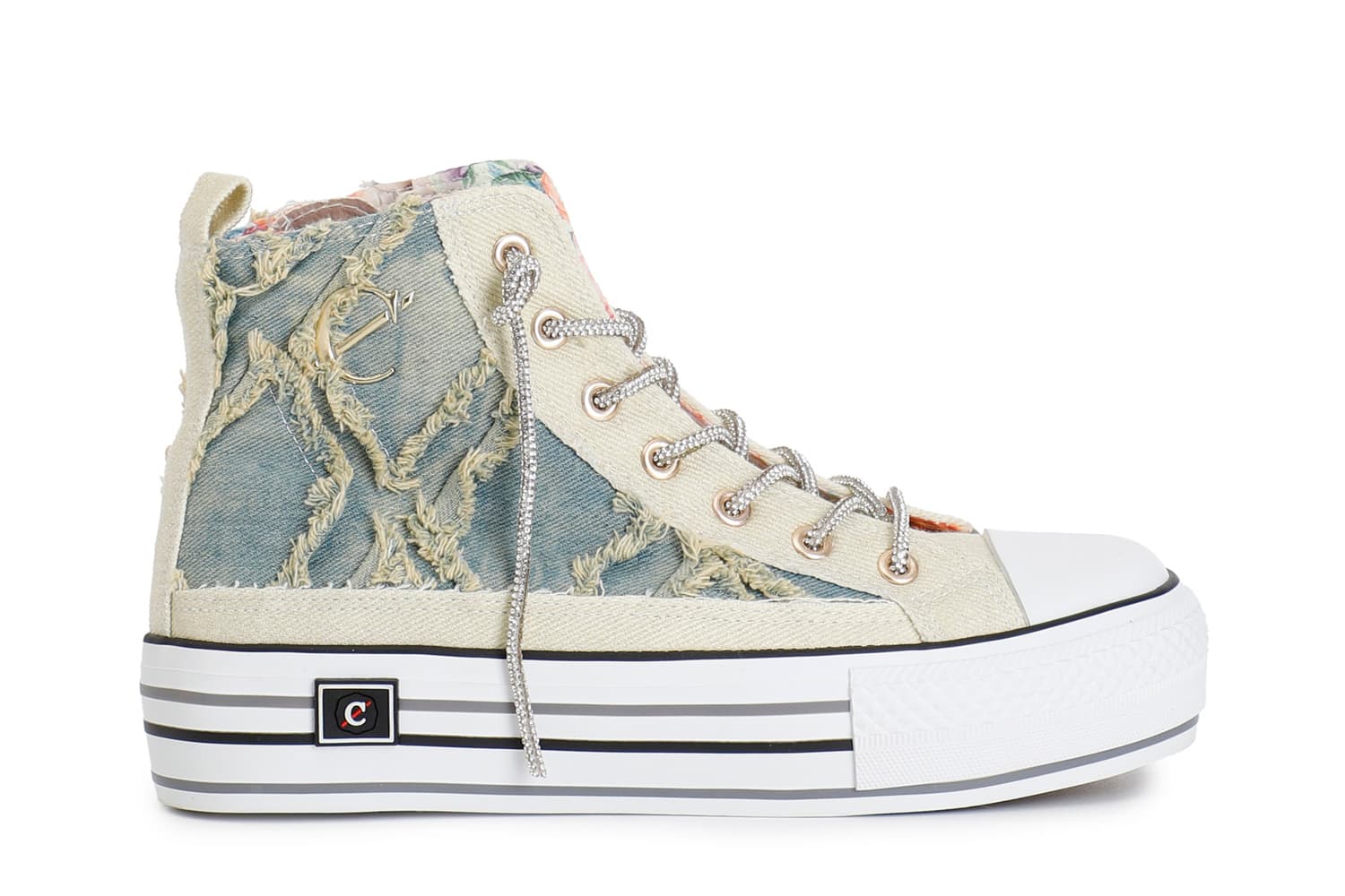 sneakers mid in denim sfrangiato con lacci strass jeans/giallo 38