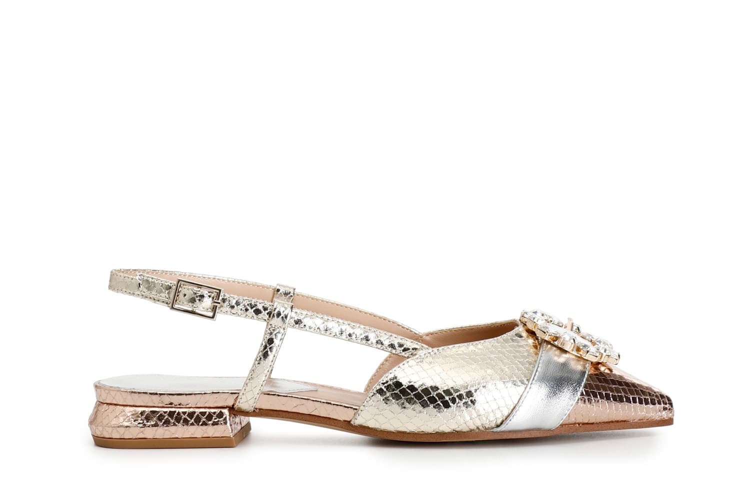 ballerine aperte dietro in stampa laminata effetto viperina con fibbia in strass multi platino 38