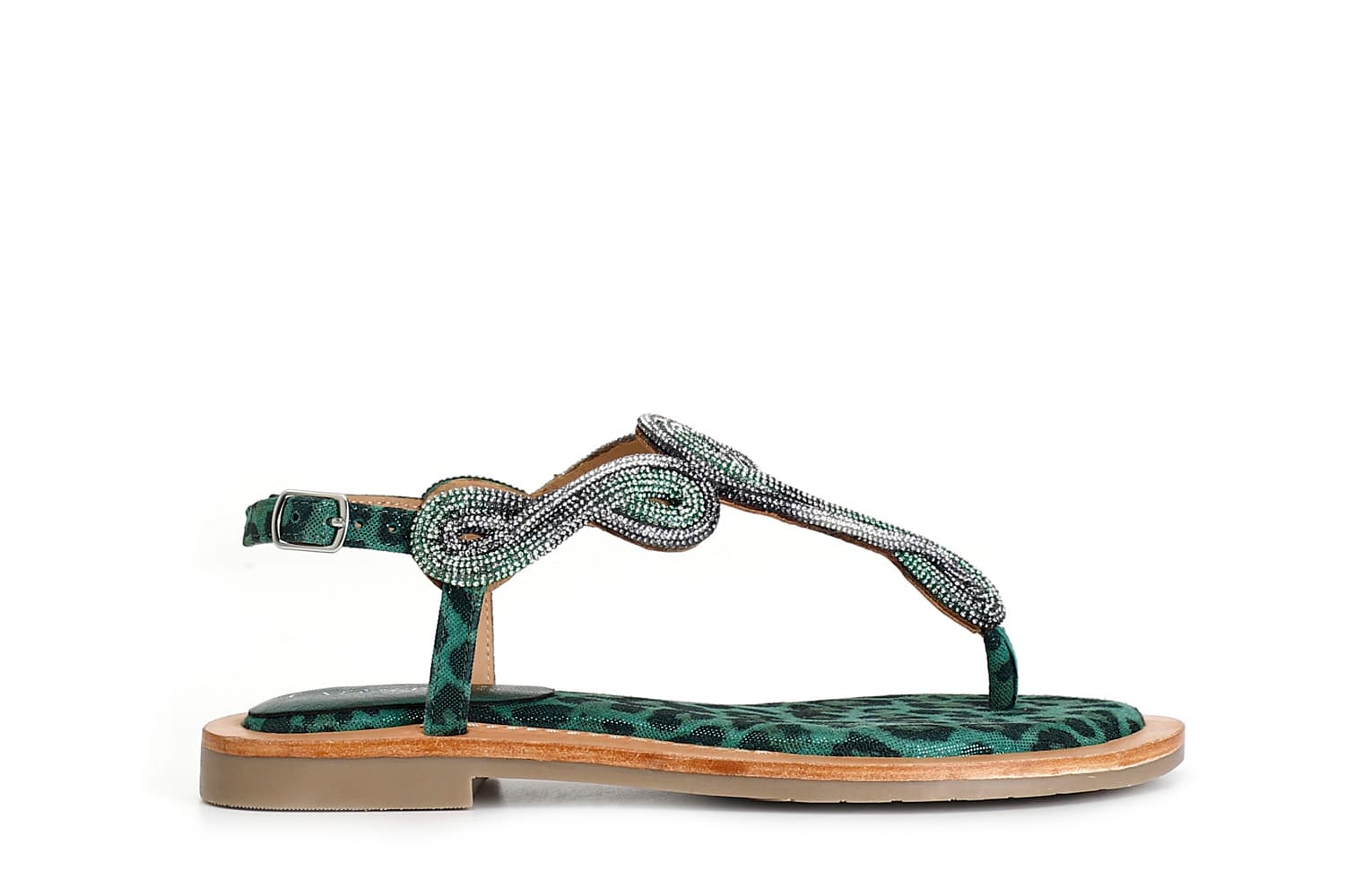 sandali infradito in camoscio e stampa maculata con accessorio strass multi verde 37
