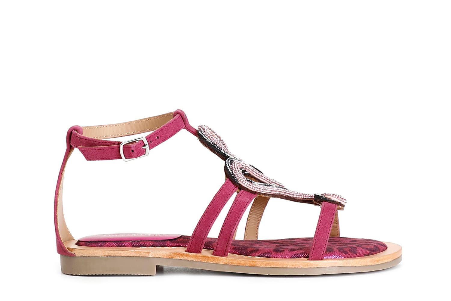 sandali in camoscio e stampa maculata con accessorio strass multi fuxia 40