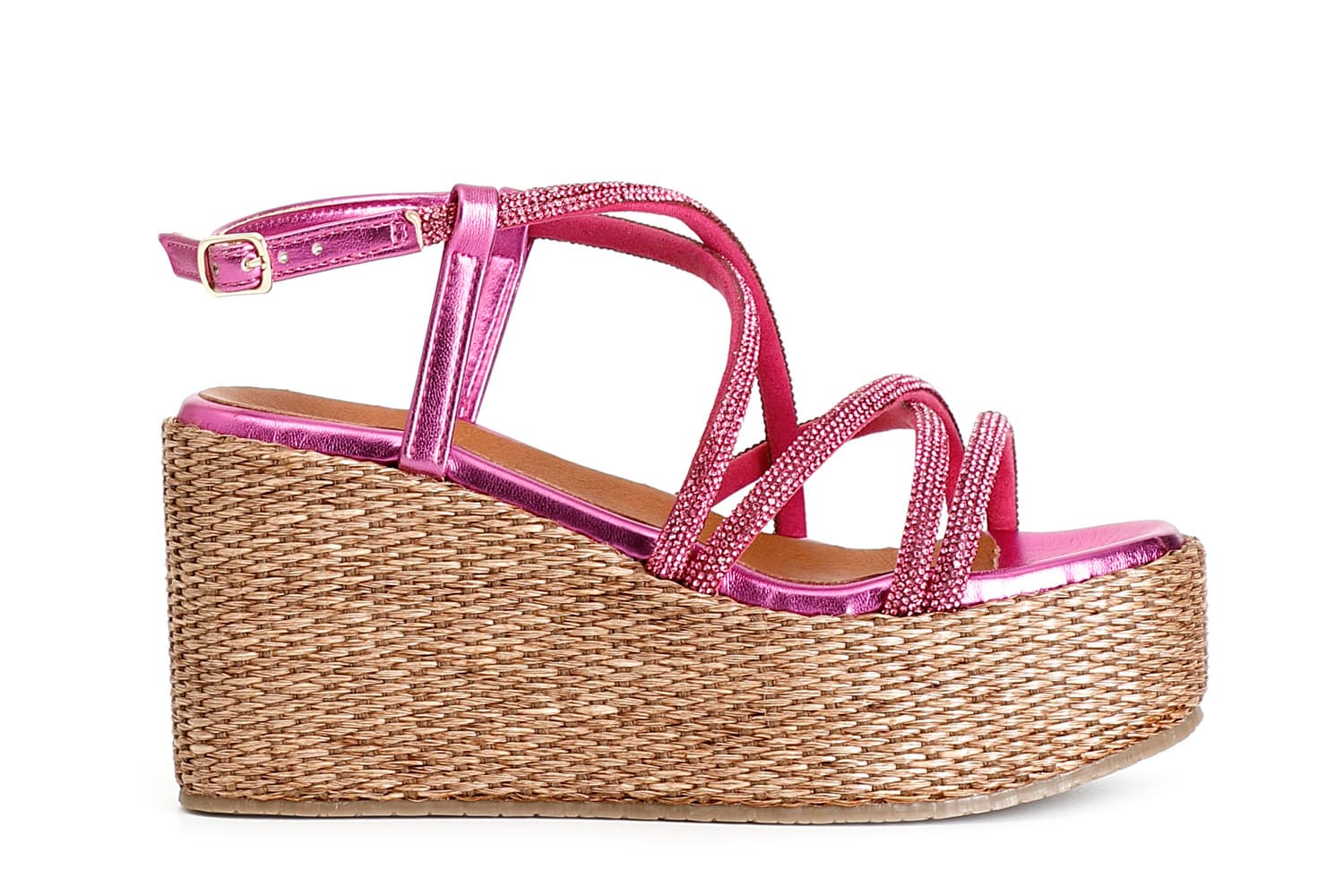 sandali con fasce incrocio strass su zeppa in rafia fuxia 39