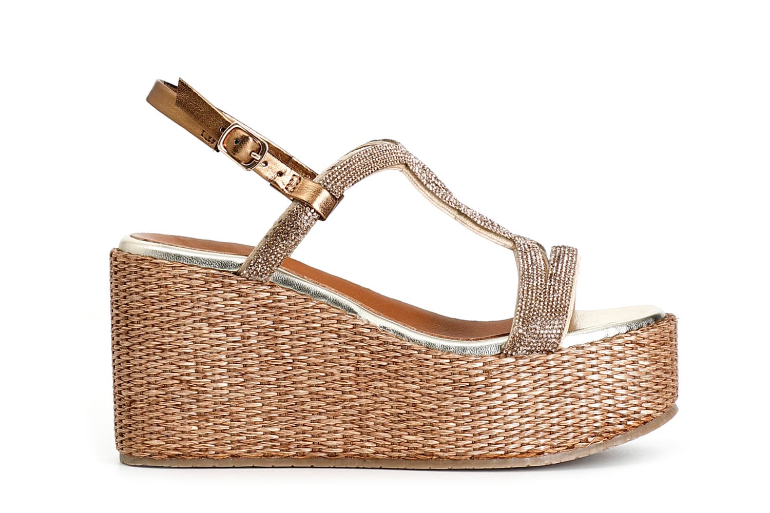 sandali doppia fascia in strass zeppa in rafia ambra 41