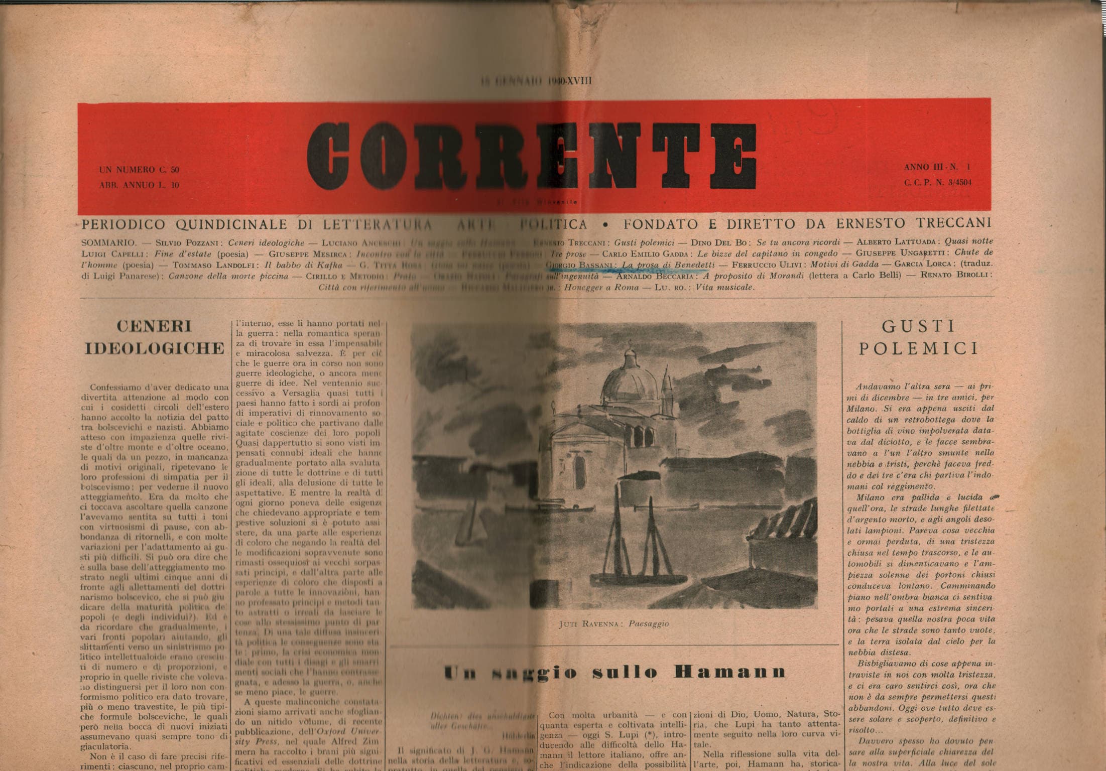 Corrente di Vita Giovanile, periodico quindicinale di Letteratura, Arte, Politica Anno III, n. 1, 15 Gennaio 1940 - AA.VV. - usato - Saggi di letterat