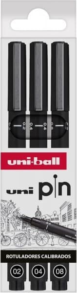 Uni-ball Uni Pin Confezione da 3 pennarelli calibrati 02 04 08 - Punta in poliacetale - Inchiostro pigmentato resistente all'acqua e alla luce -