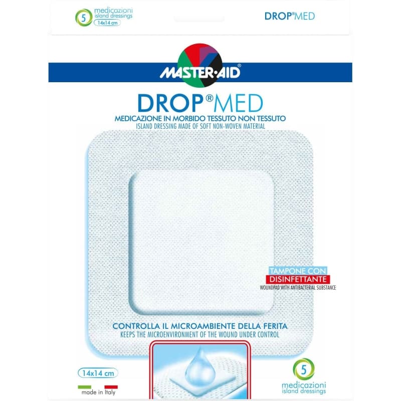 Master Aid Medicazione In Morbido Tessuto Non Tessuto Drop Med - 5 Medicazioni 14 x 14 cm