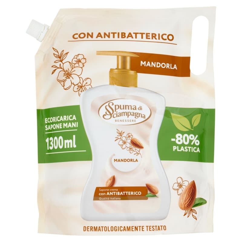 SPUMA DI SCIAMPAGNA Sapone Mani alla Mandorla con Antibatterico - Ricarica 1300 ml