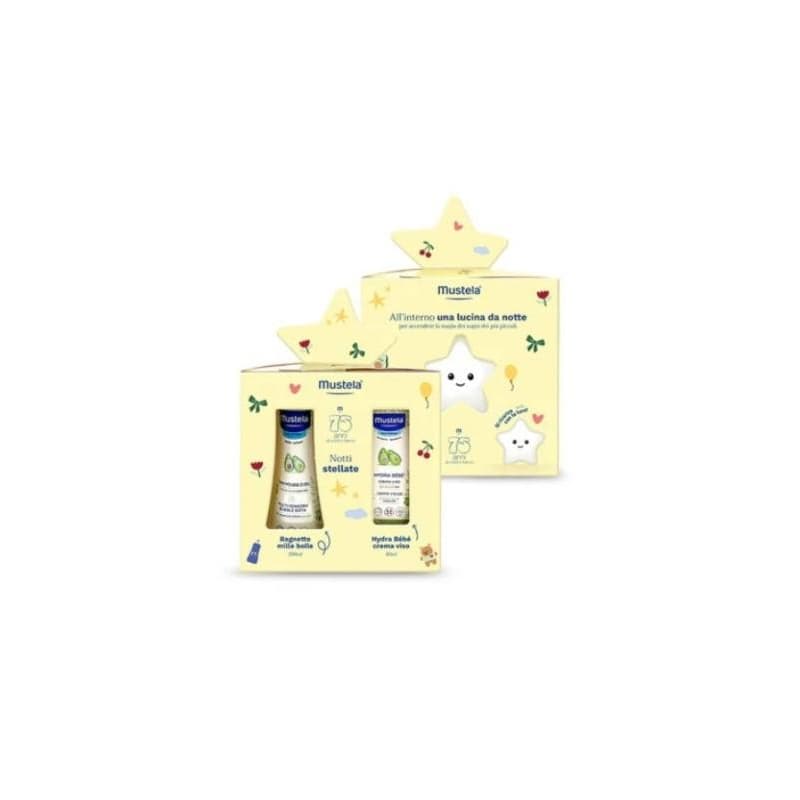 Mustela Cofanetto Notti Stellate - Edizione Limitata con Bagnetto Mille Bolle, Crema Hydra Bebè Viso e Stellina Luminosa