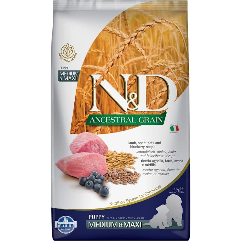 FARMINA N&D Ancestral Grain Puppy Medium & Maxi all'Agnello e Mirtillo - Alimento completo per cani 2,5 kg