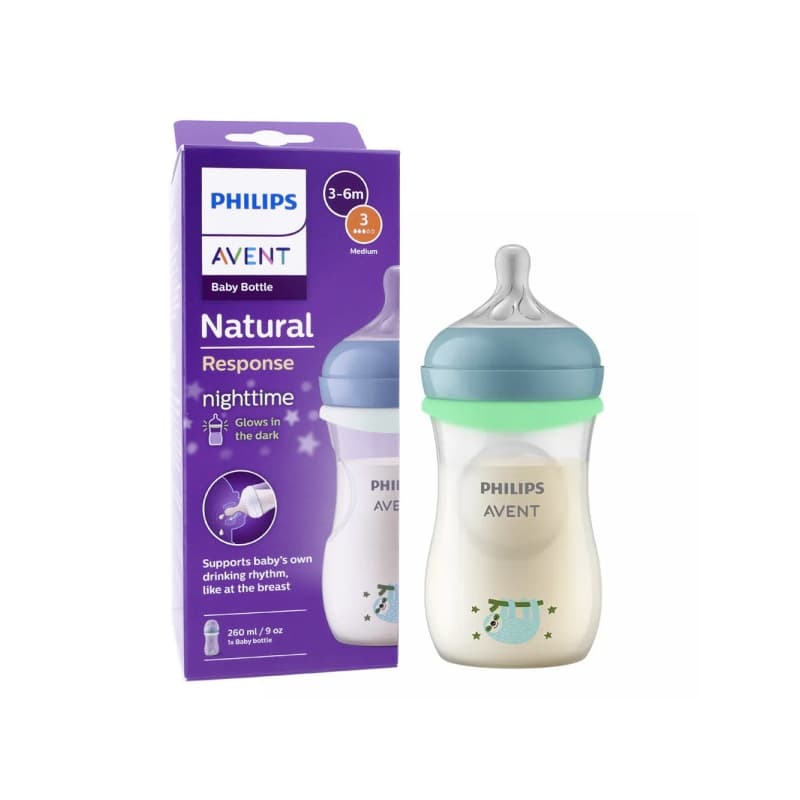 Avent Natural Response Night - Biberon trasparente 3-6 M flusso medio 260 ml Fantasie assortite