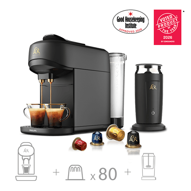 Machine + Milk Frother + 80 Capsules - L'OR Barista Absolu Deep Black