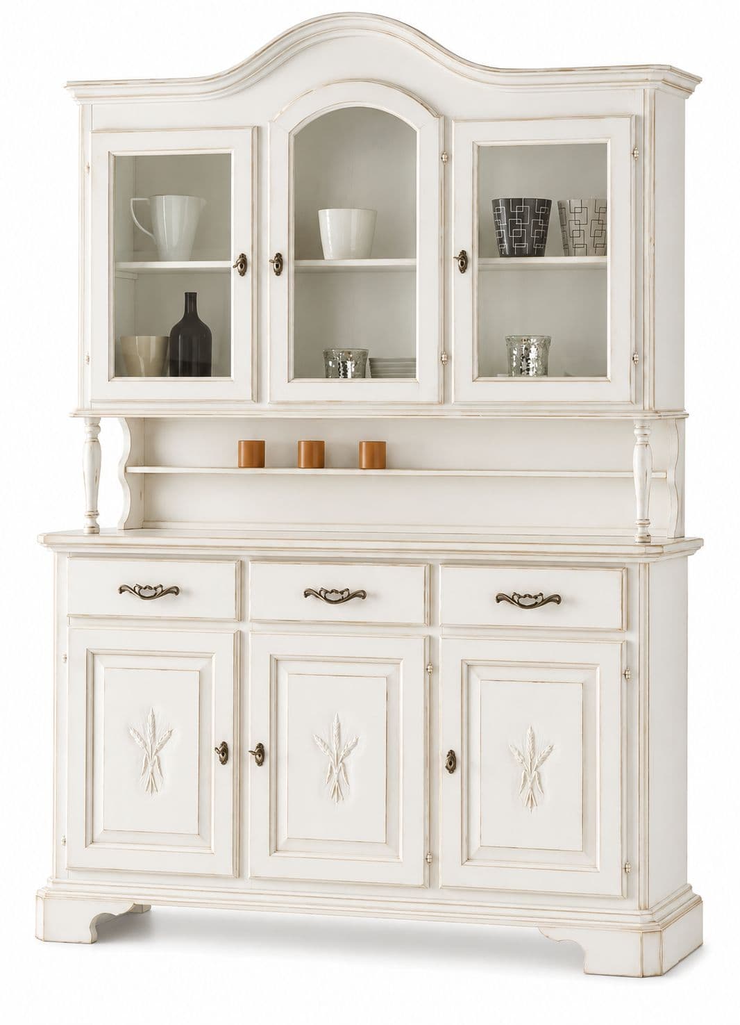 Cristalliera 3 porte classica sagomata spiga legno shabby bianco 163x49x228
