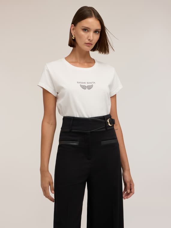Motivi T-shirt con scritta e ali in strass Donna, Bianco, Taglia S