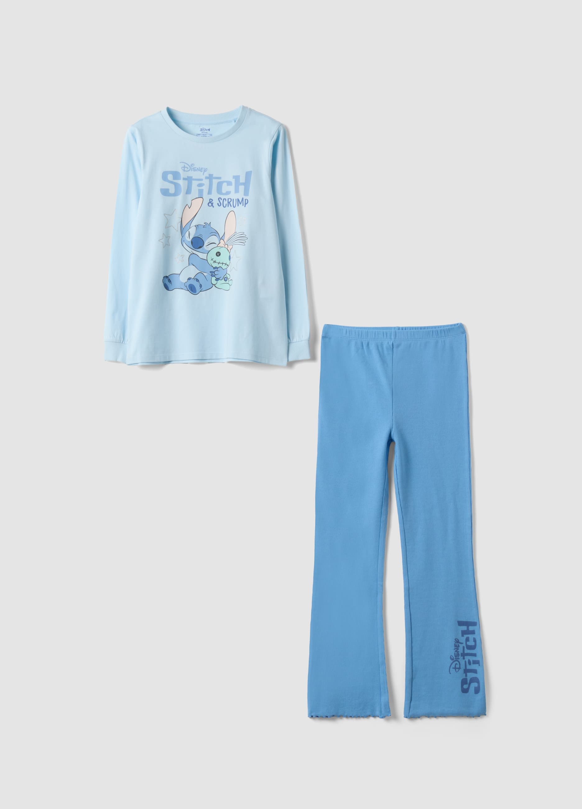 DISNEY, Pigiama Azzurro In Puro Cotone Organico Con Stampa Lilo & Stitch, Bambina, Azzurro, Taglia: 4-5